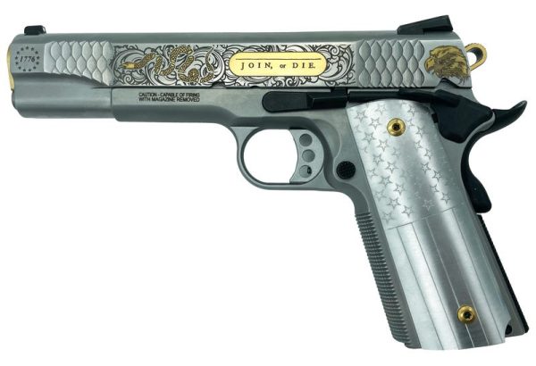 SMITH AND WESSON 1911 E-SERIES "JOIN OR DIE" GOLD INLAY ON STAINLESS .45 ACP 5" 8RDS GRABAGUN EXCLUSIVE