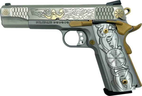 SMITH AND WESSON 1911 E-SERIES "VIKING" GOLD INLAY ON STAINLESS .45 ACP 5" 8RDS GRABAGUN EXCLUSIVE